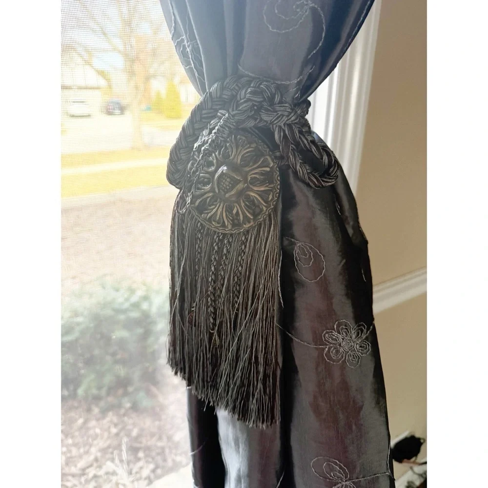 Luxury Embroidered Silk-Look Drapes with Tassel Tiebacks – Set of 2 Panels
